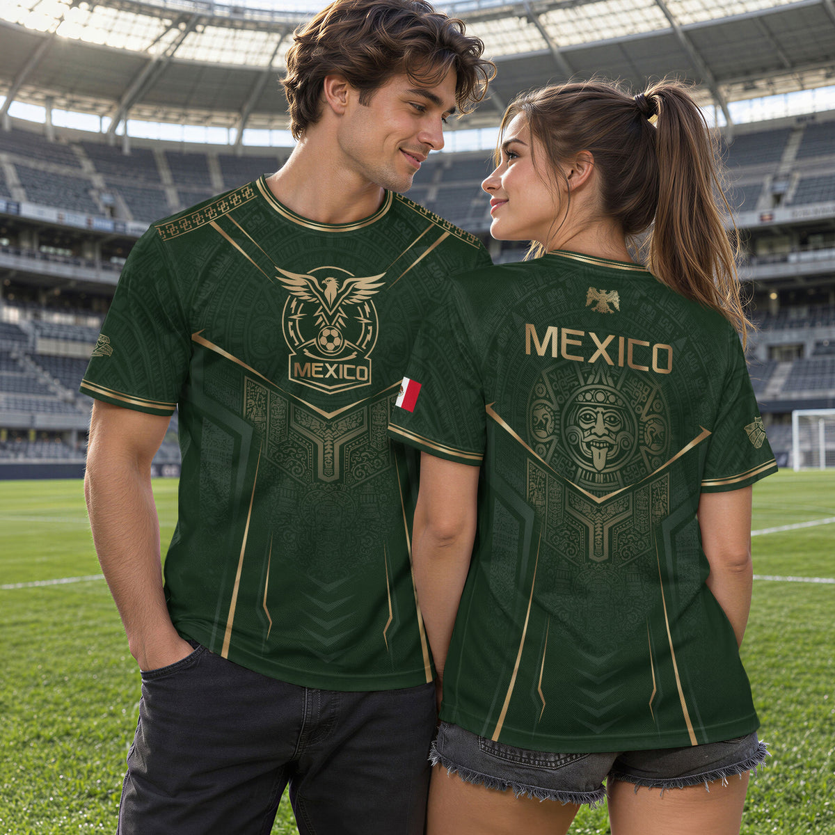 Camiseta de fútbol premium con emblema de águila azteca verde y dorado de México