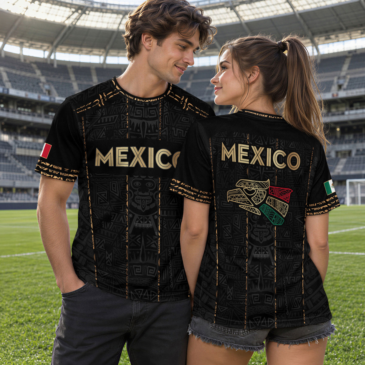 Camiseta de fútbol premium con emblema de águila azteca verde y dorado de México