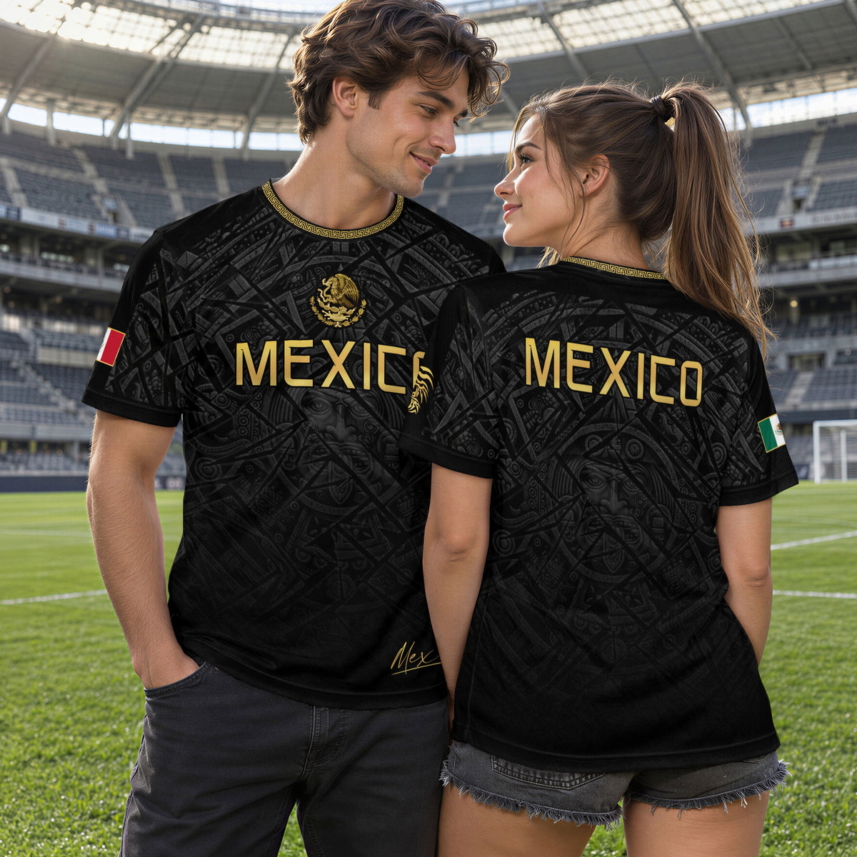 Camiseta de fútbol premium con emblema de águila azteca verde y dorado de México