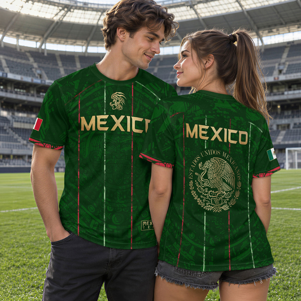 Camiseta de fútbol premium con emblema de águila azteca verde y dorado de México