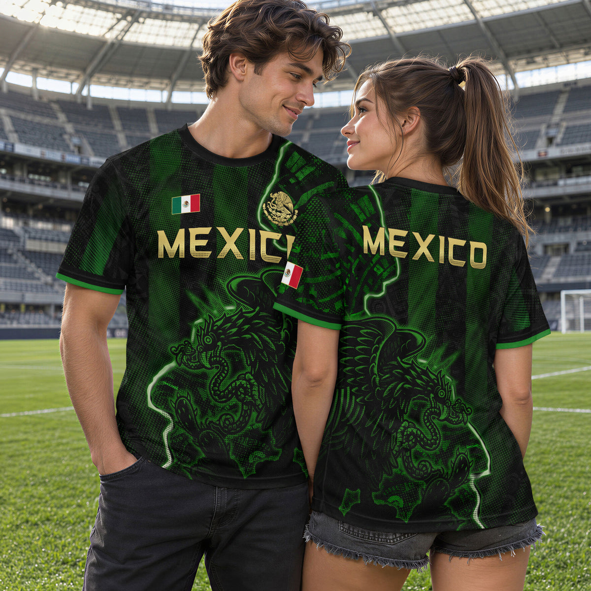 Camiseta de fútbol premium con emblema de águila azteca verde y dorado de México