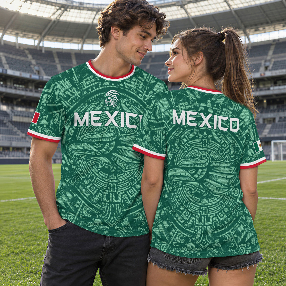 Camiseta de fútbol premium con emblema de águila azteca verde y dorado de México