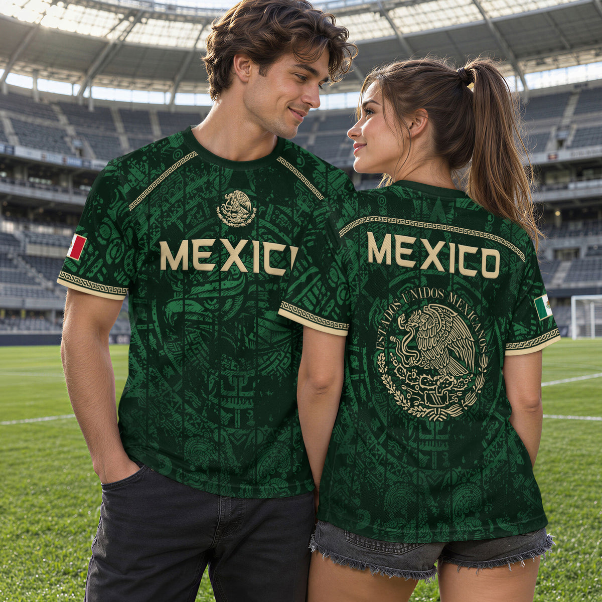 Mexico Soccer Jersey Green Eagle Crest - Aztec Sun Stone Heritage Fan Football Men Shirt