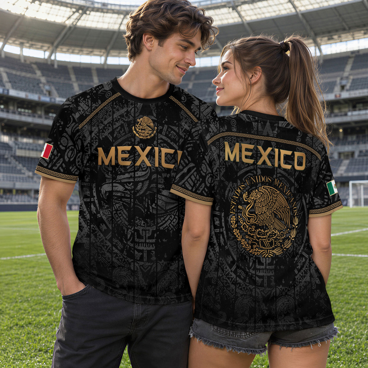 Mexico Soccer Jersey Black Eagle Crest - Aztec Sun Stone Heritage Fan Football Shirt