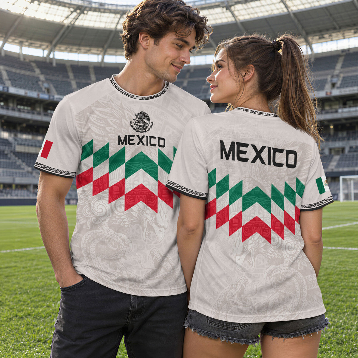 Camiseta de fútbol premium con emblema de águila azteca verde y dorado de México