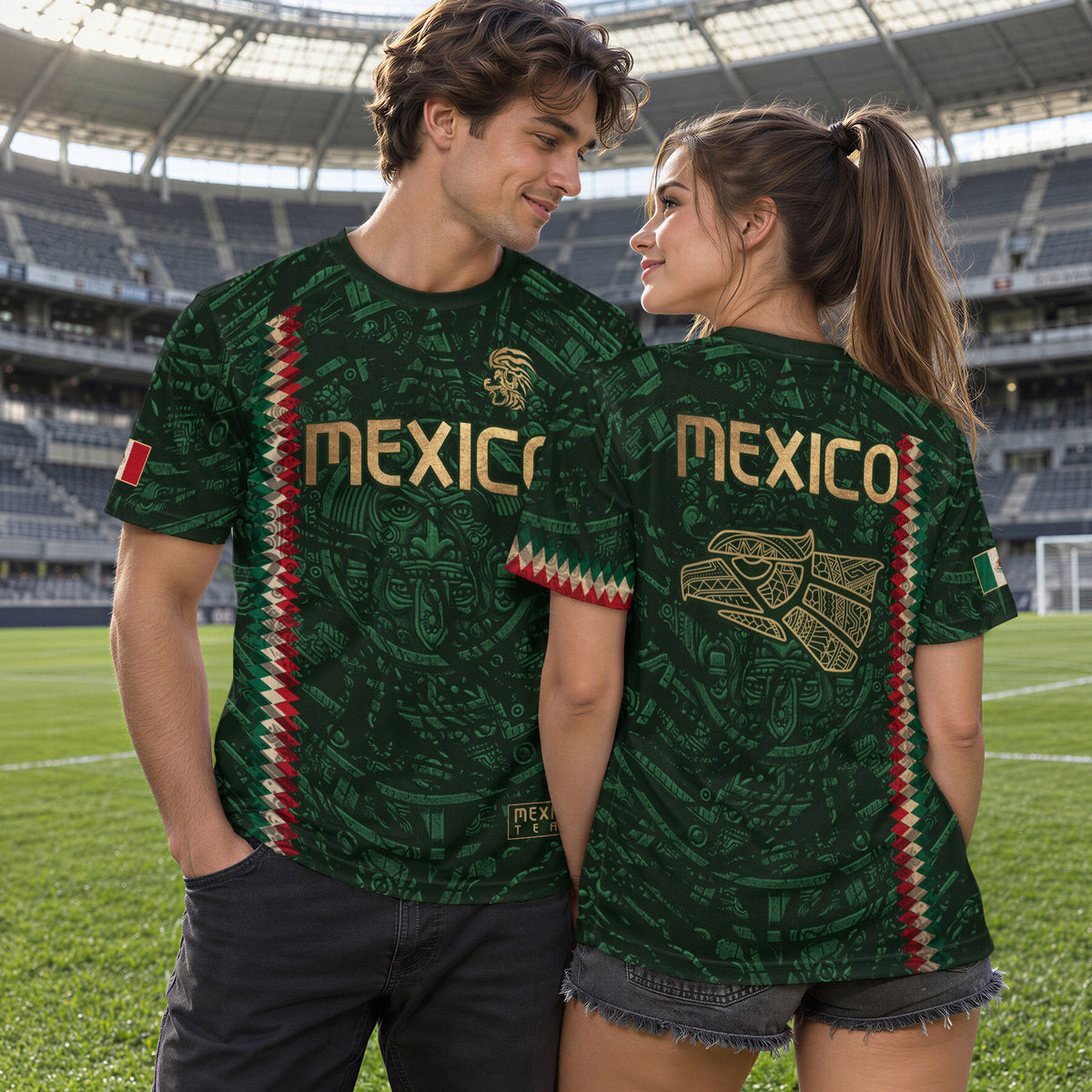 Mexico Soccer Jersey Green Gold Aztec Sun Stone - Mexico National Team Fan Heritage Shirt