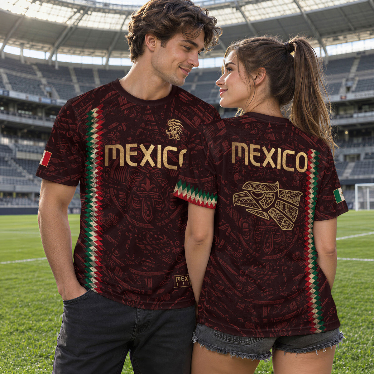 Camiseta de fútbol premium con emblema de águila azteca verde y dorado de México
