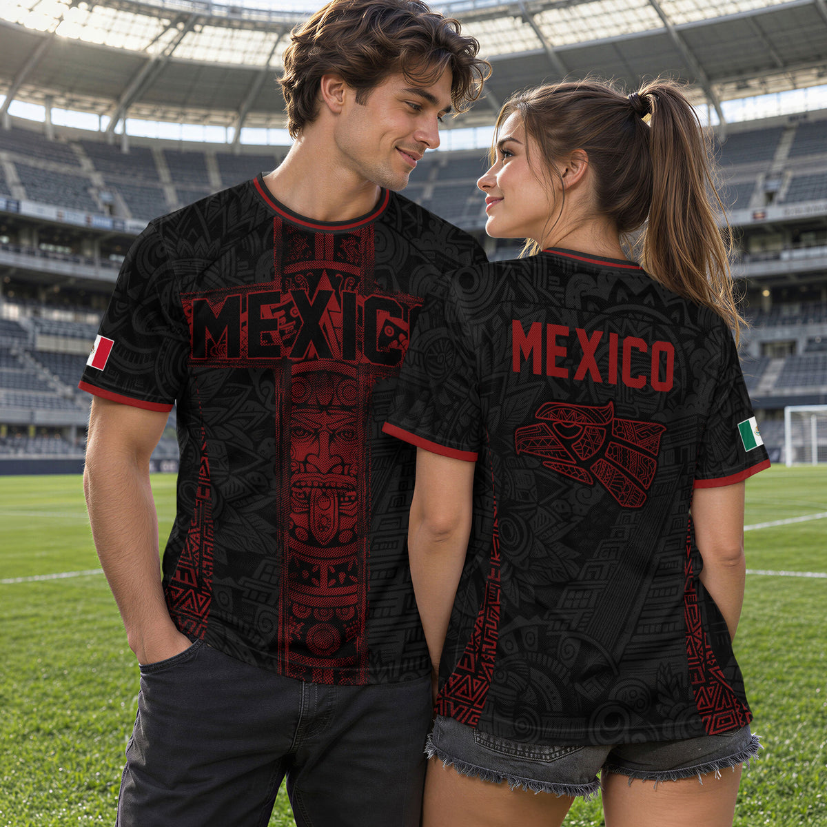Mexico Soccer Jersey Men Black Red Aztec Cross Warrior Mexican Football Shirt