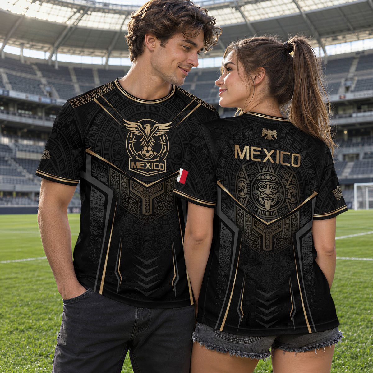 Camiseta de fútbol premium con emblema de águila azteca verde y dorado de México