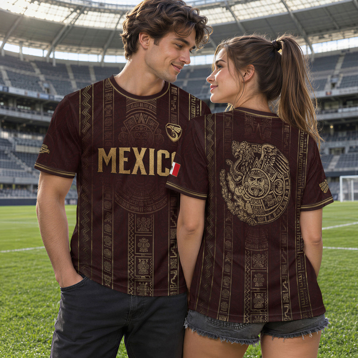 Camiseta de fútbol premium con emblema de águila azteca verde y dorado de México