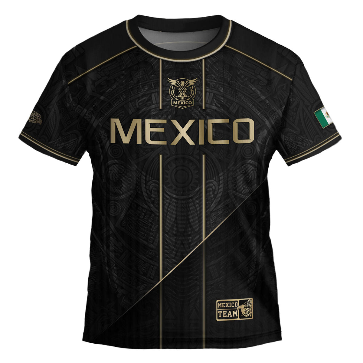 Mexico Youth Football Kit Black Gold Aztec Design Kids Soccer Uniform Elite Sportswear Top