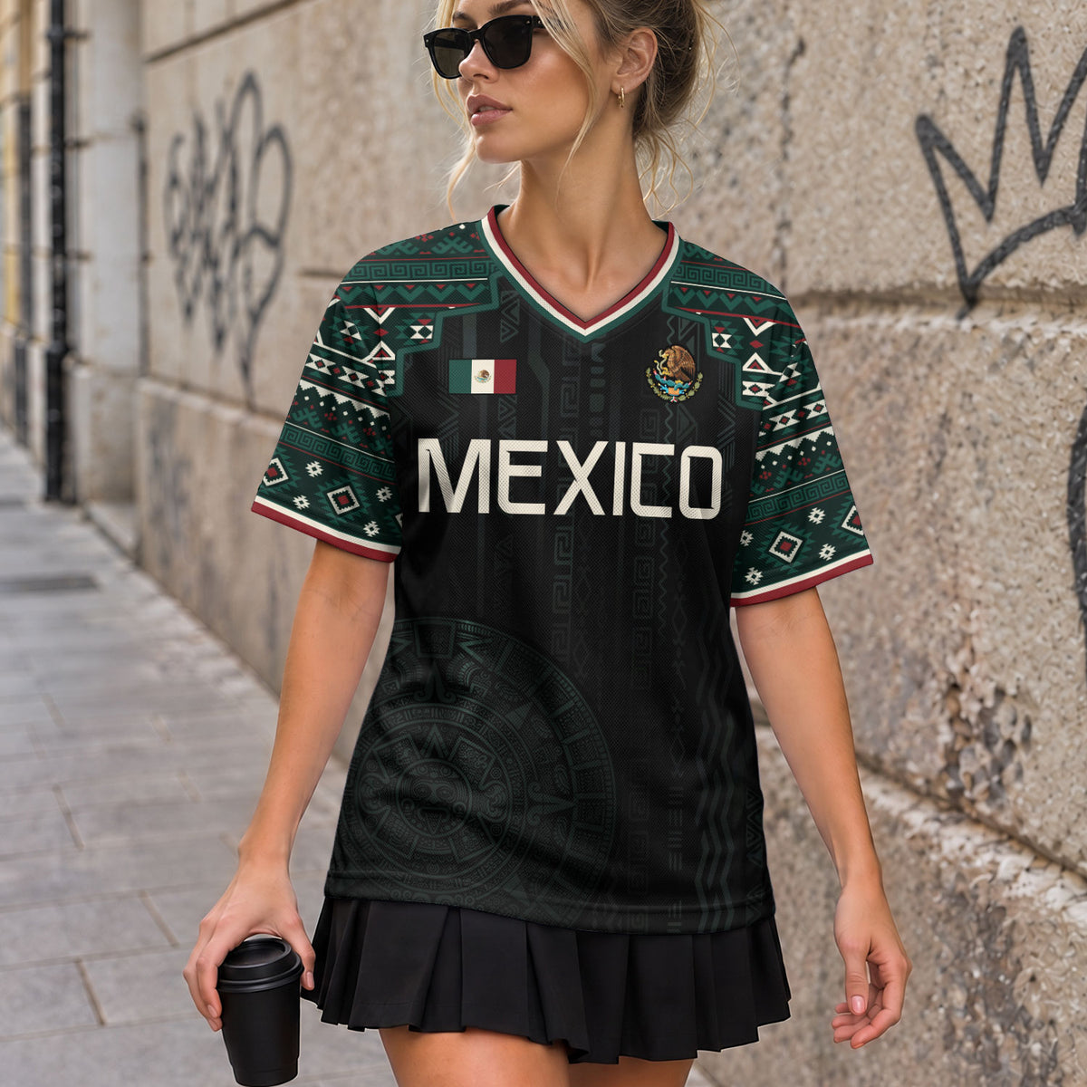 Mexico Soccer Jersey Black Edition V Neck Unisex Shirt Aztec Patterned Football Top
