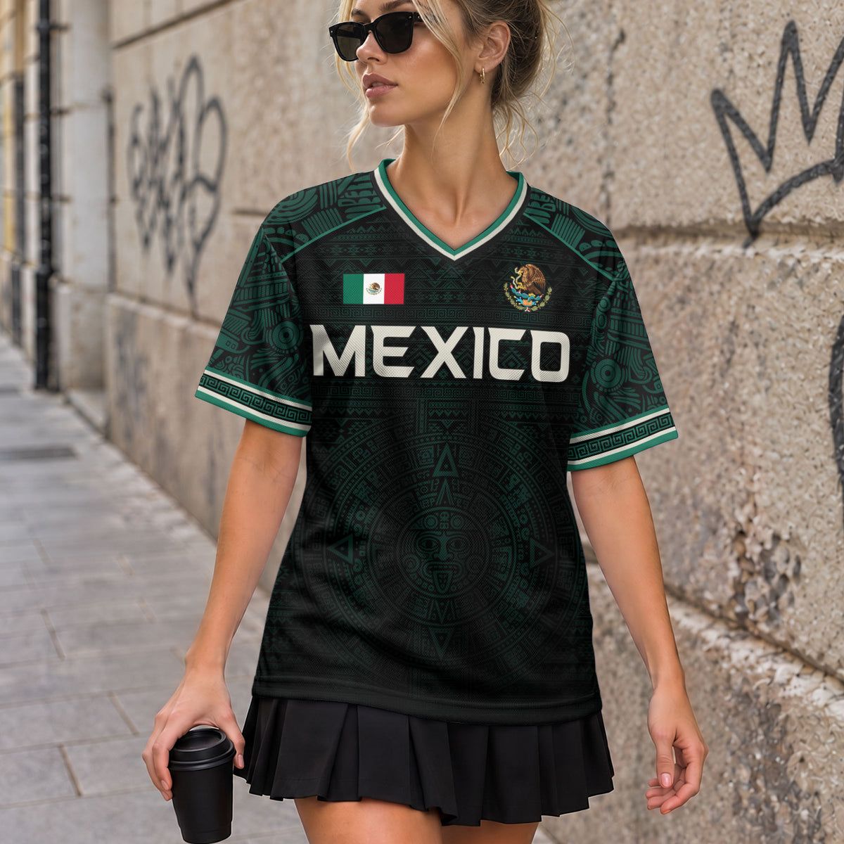 Mexico Soccer Jersey Dark Green V Neck Unisex Shirt Aztec Calendar Graphic Football Top
