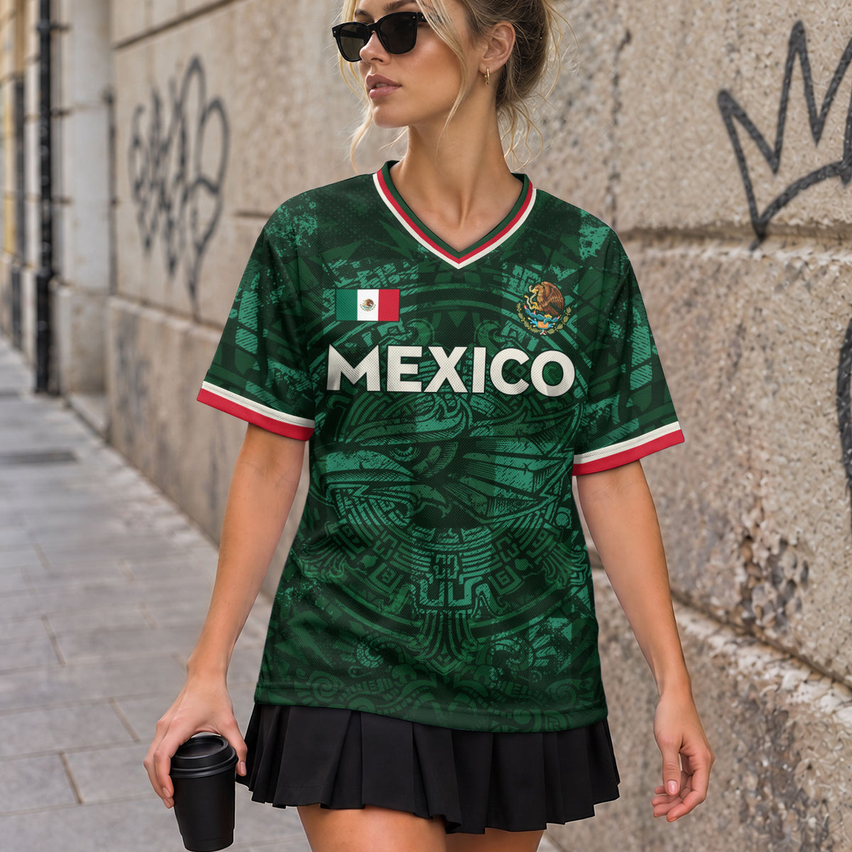 Mexico Soccer Jersey V Neck Unisex Green Shirt Aztec Warrior Eagle Pattern Football Apparel