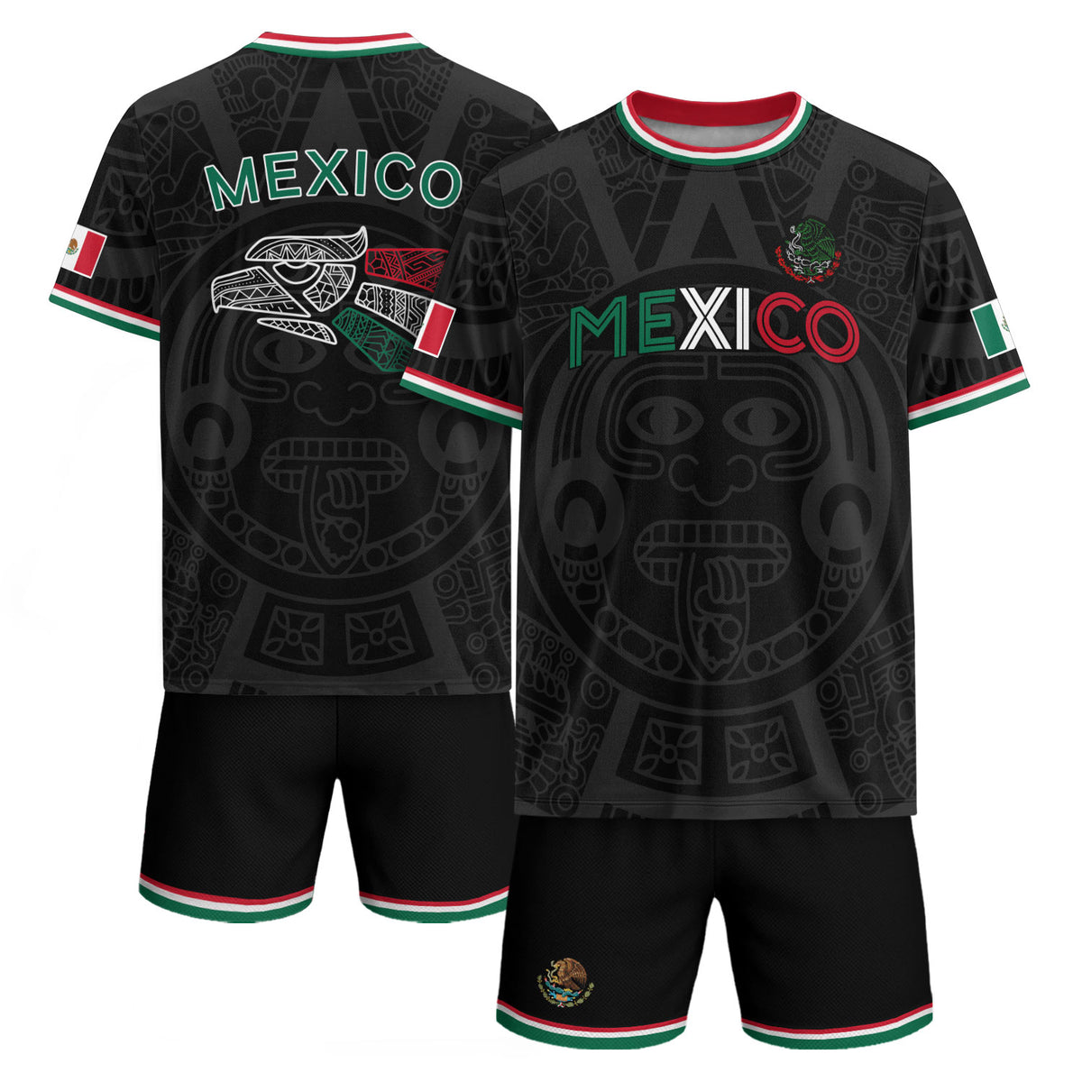 Camiseta de fútbol de México con estampado azteca negro y detalles tricolores