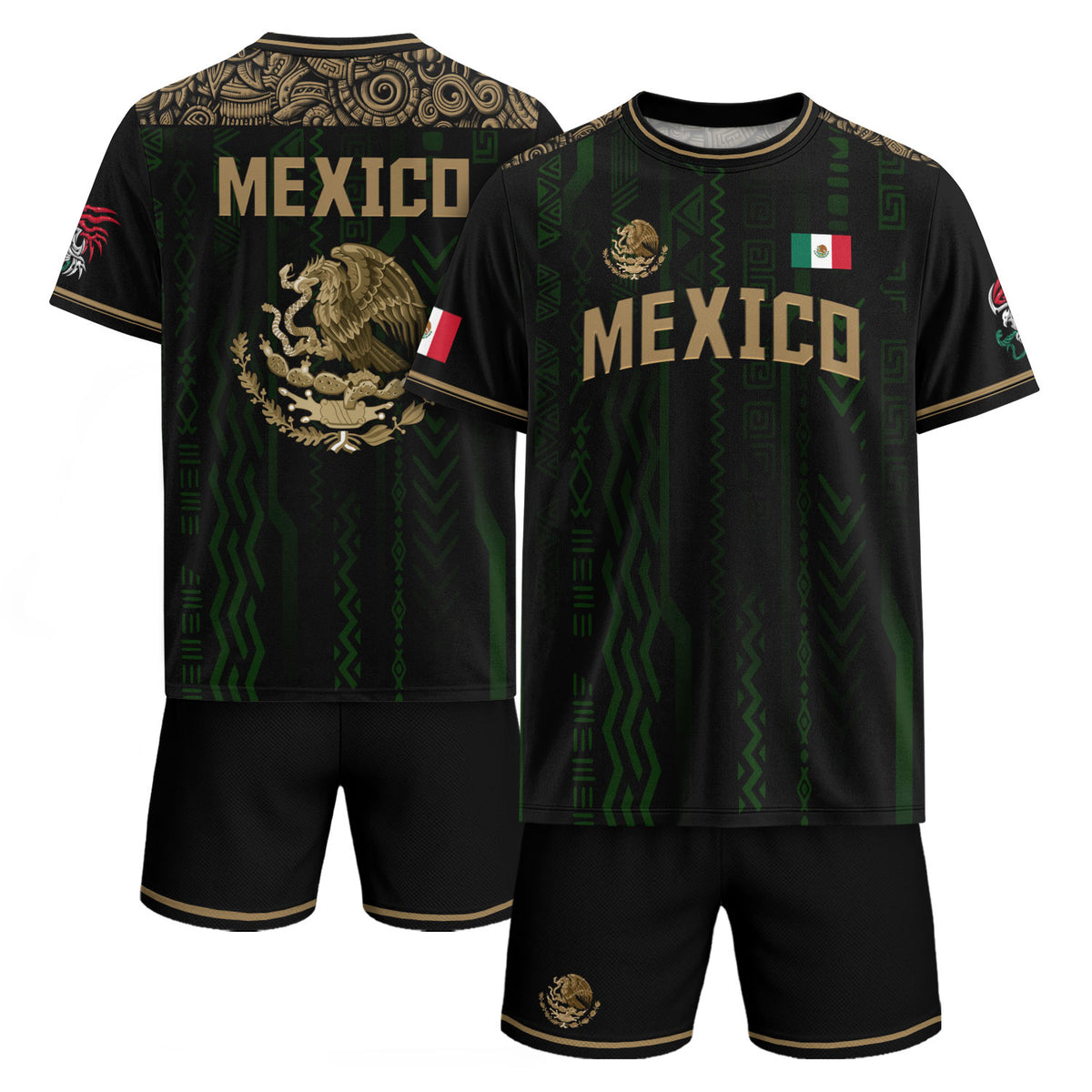 Mexico Soccer Jersey Black & Gold Aztec Design