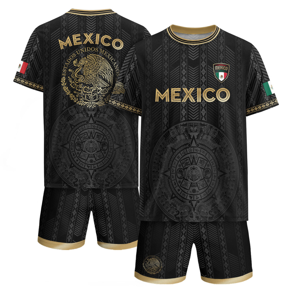 Camiseta de fútbol de México con diseño de calendario azteca, color negro y dorado