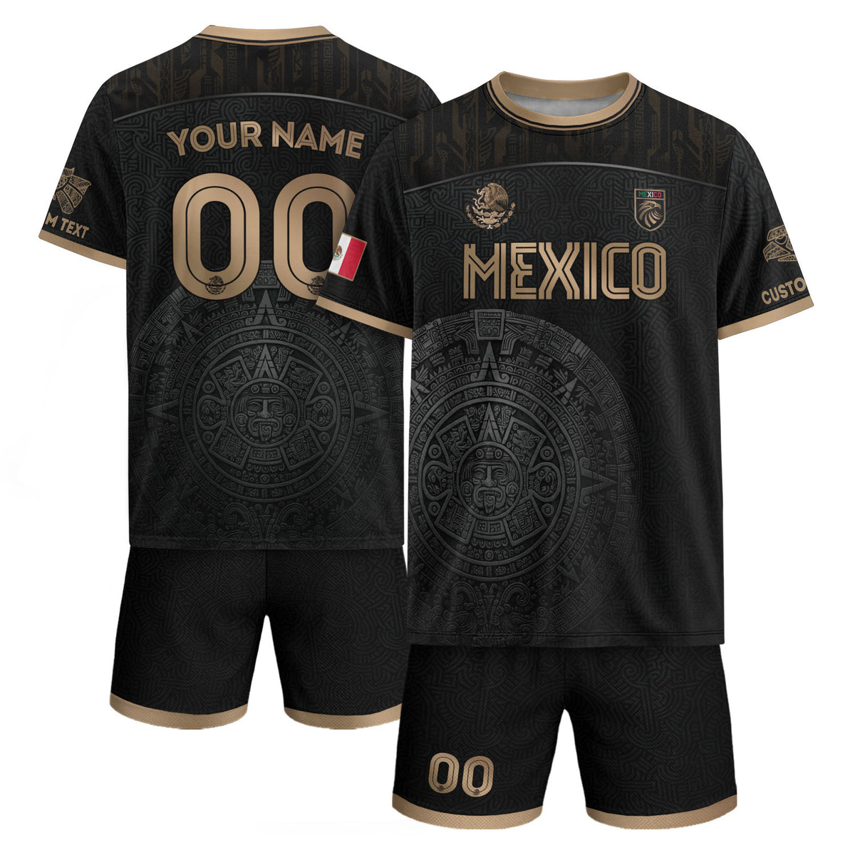 Custom Mexico Black Aztec Calendar Gold Edition Soccer Jersey