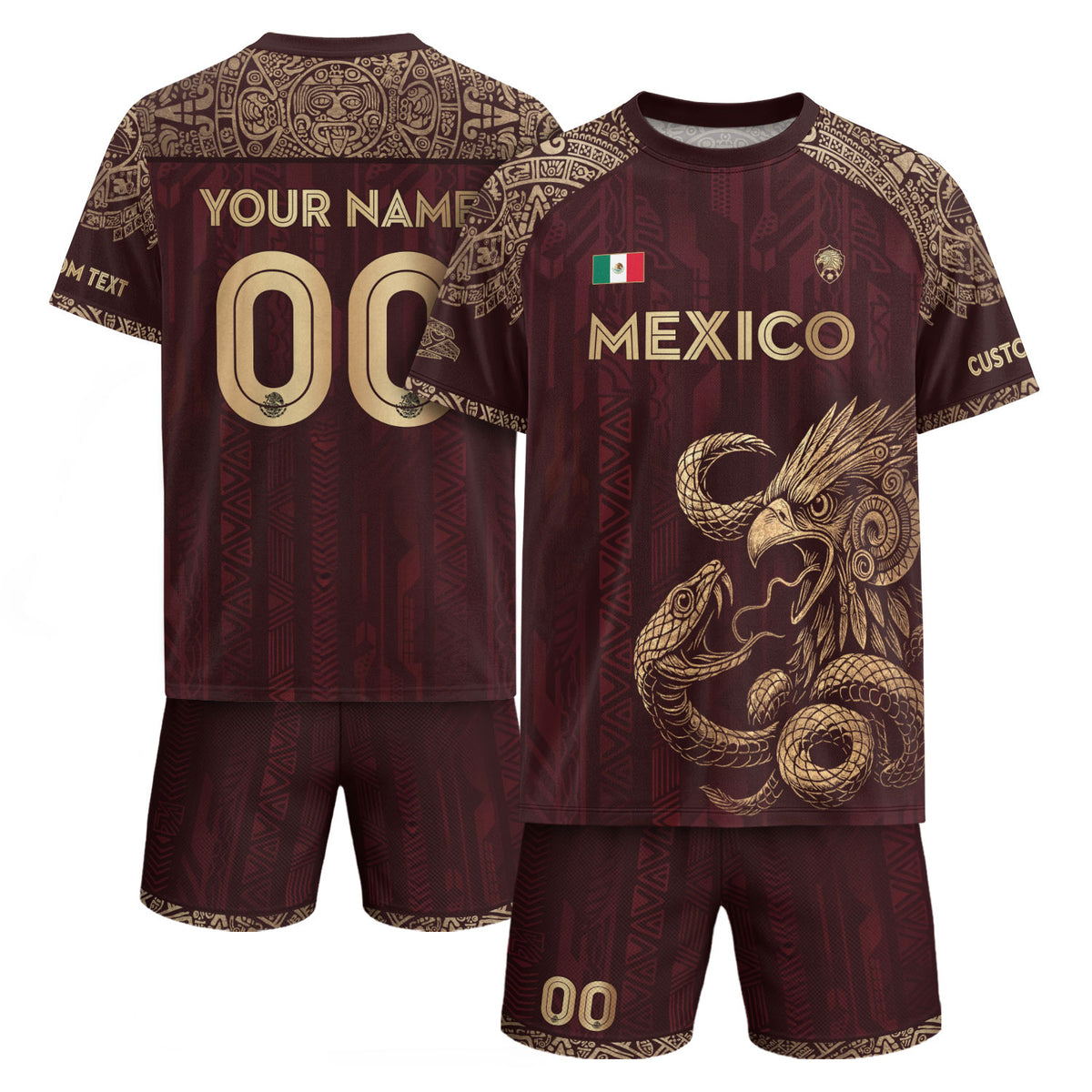 Custom Mexico Burgundy Eagle and Serpent Gold Soccer Jersey