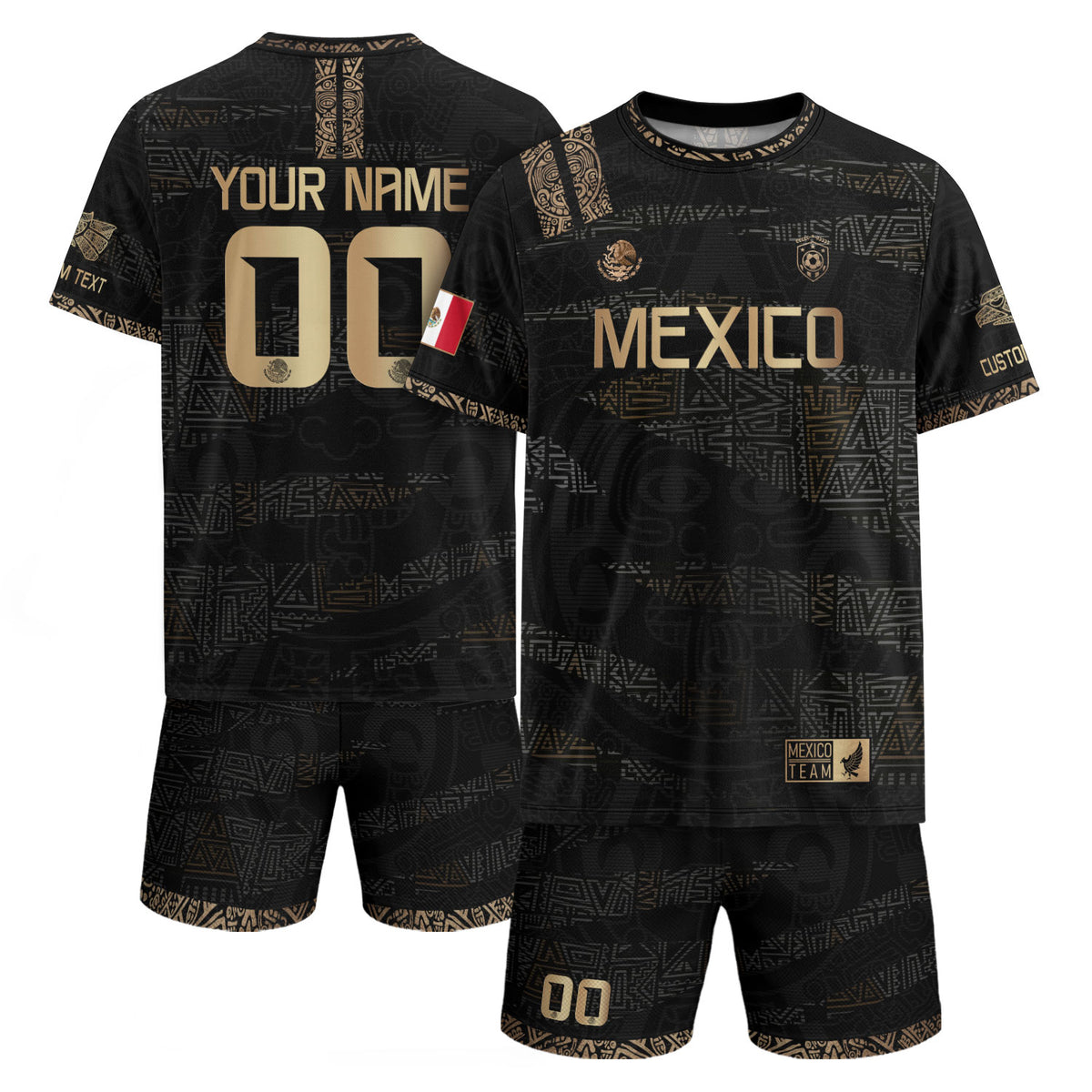 Custom Mexico Soccer Jersey Black Gold Aztec Design upsale