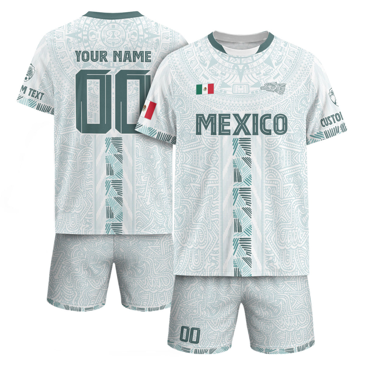 Camiseta de fútbol personalizada de México con diseño de calendario azteca blanco