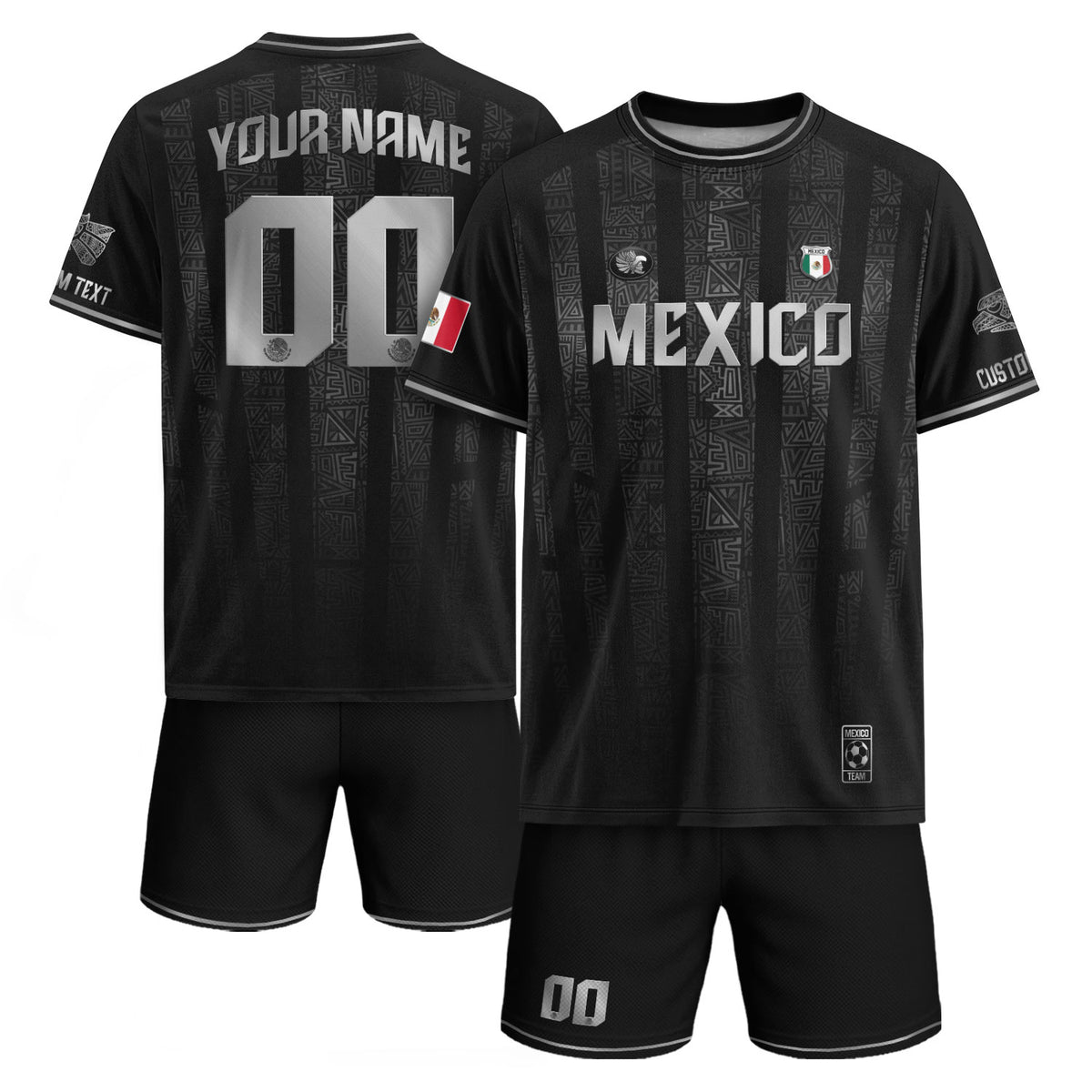 Custom Mexico Black Silver Aztec Pattern Soccer Jersey