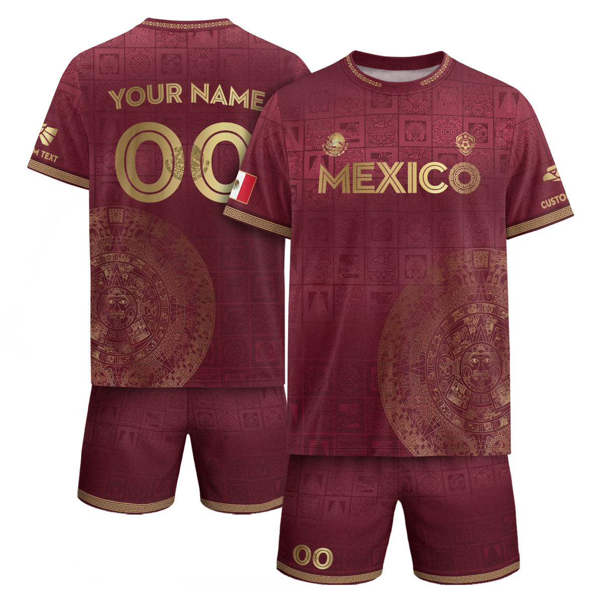 Custom Mexico Maroon Golden Aztec Calendar Soccer Jersey