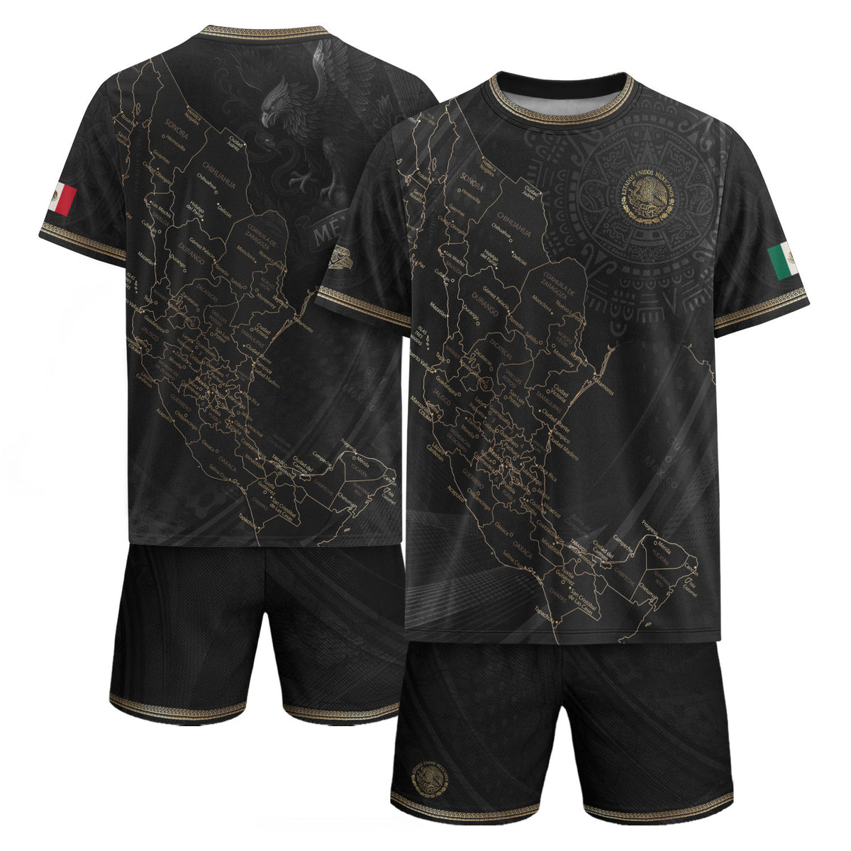 Camiseta de fútbol de México con diseño de mapa patrimonial de piedra solar azteca negra