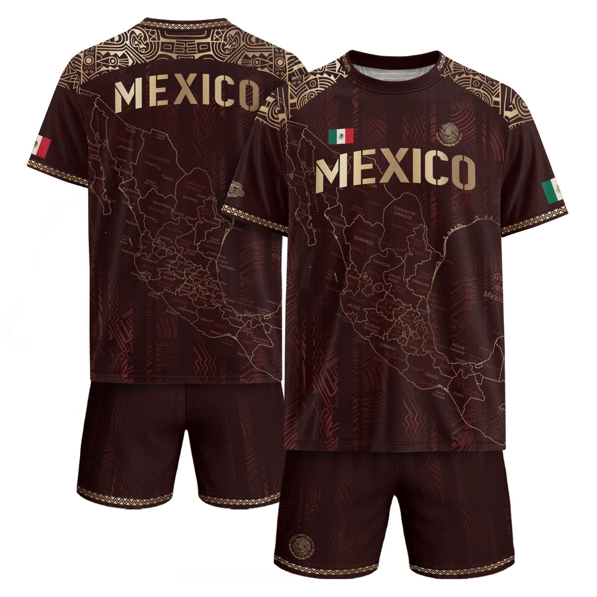 Mexico Soccer Jersey Burgundy Map Aztec Pattern Heritage Golden Details Design