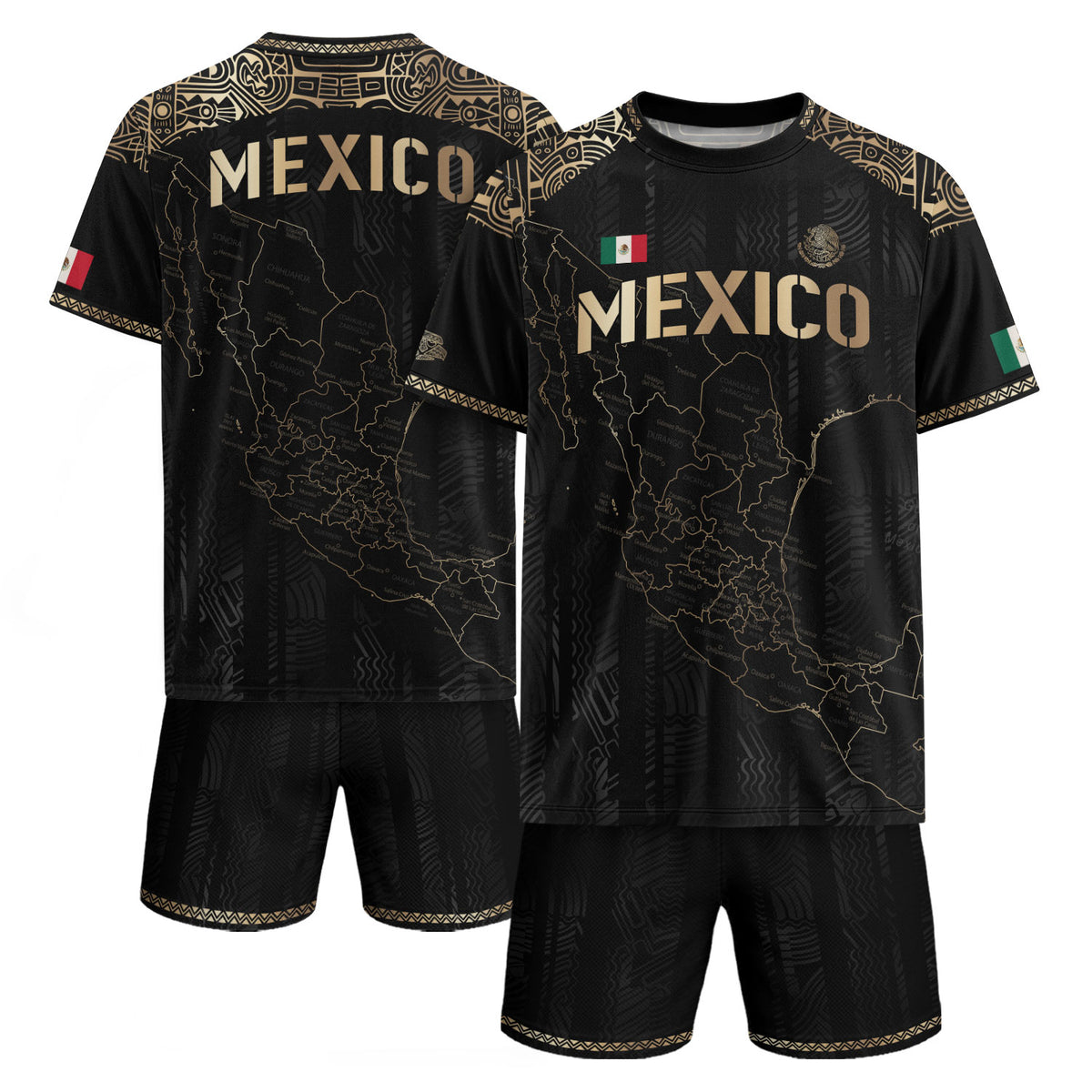 Camiseta de fútbol con el mapa de la herencia de México en negro y detalles aztecas dorados