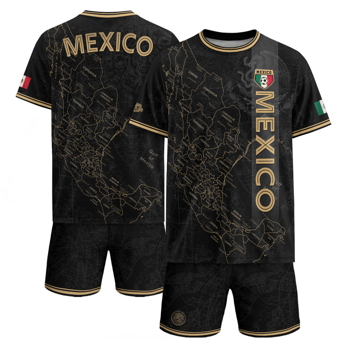 Camiseta de fútbol con el mapa de la herencia de México en negro y detalles aztecas dorados
