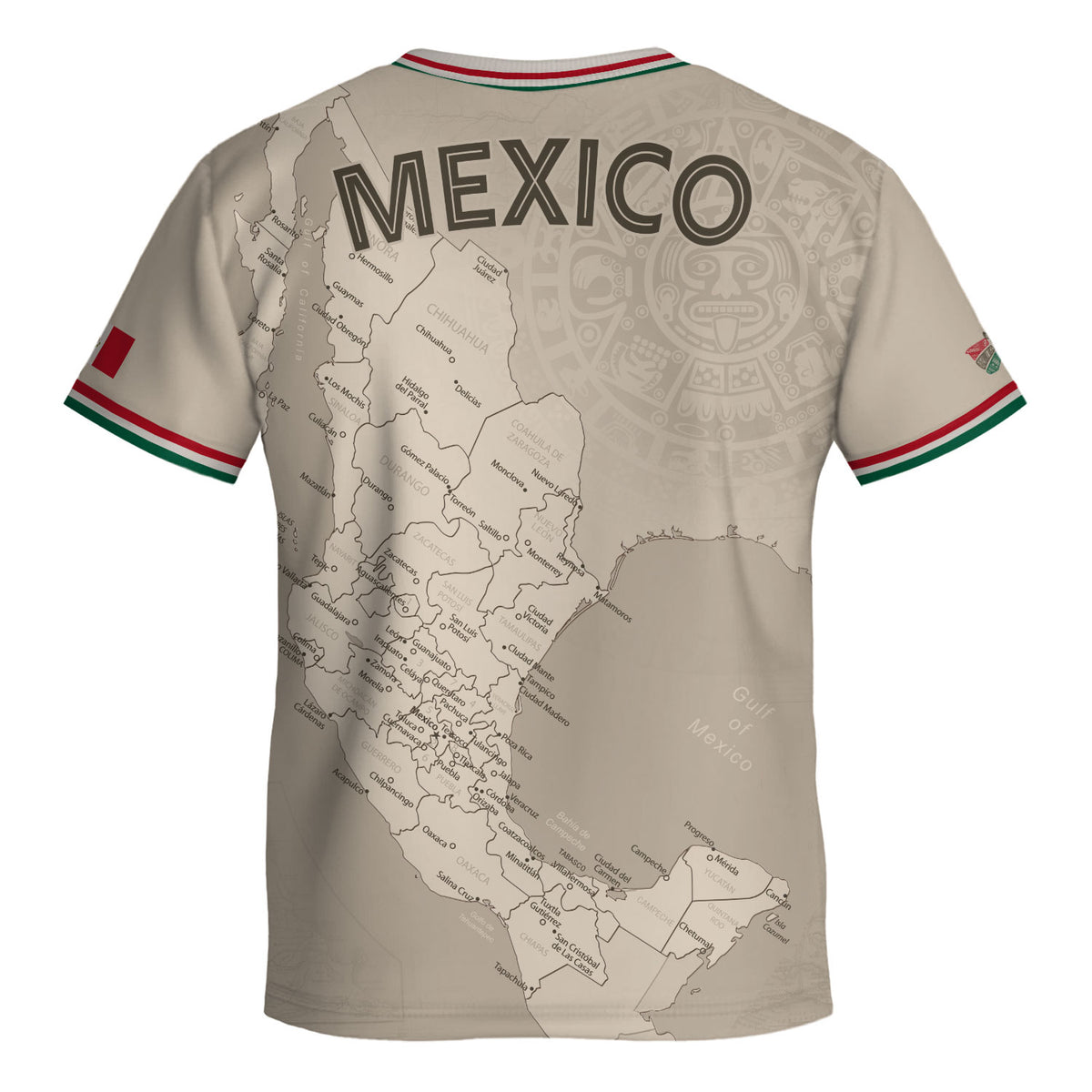 Camiseta de fútbol infantil de México con diseño azteca y mapa beige
