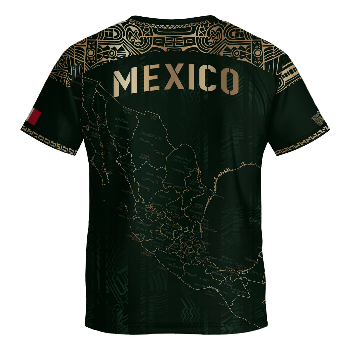 Camiseta de fútbol infantil de México con diseño azteca, color verde y dorado