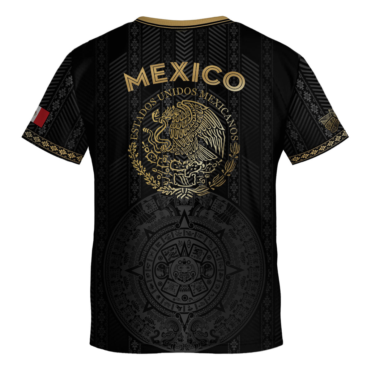 Camiseta de fútbol infantil de México, diseño de calendario azteca, color negro y dorado