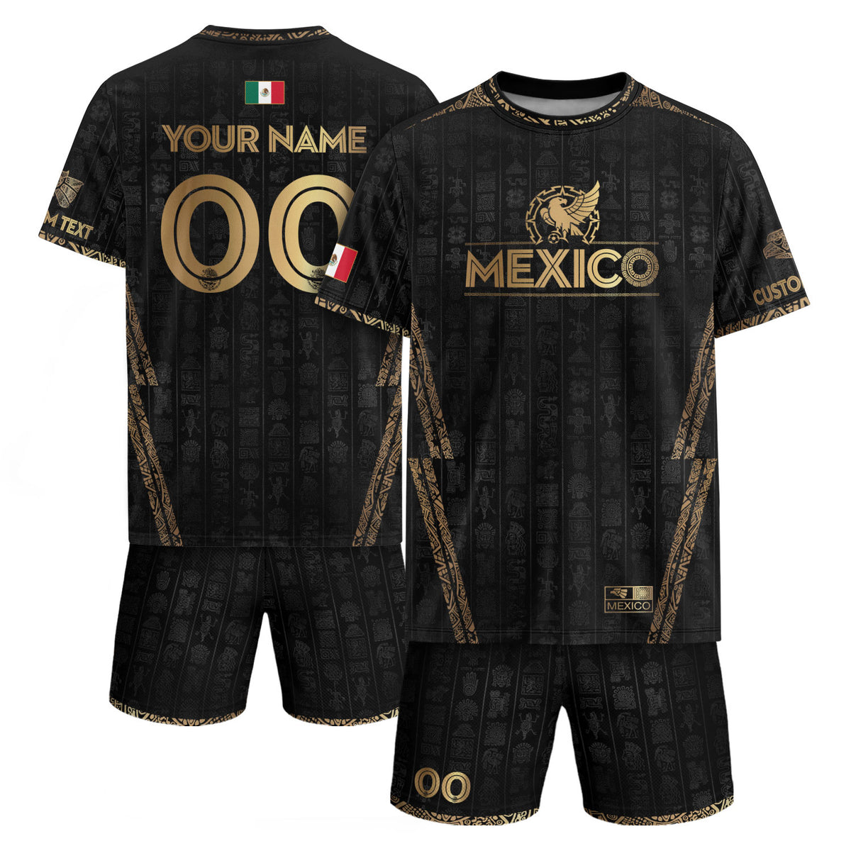 Custom Mexico Black Gold Soccer Jersey with Aztec Eagle Design