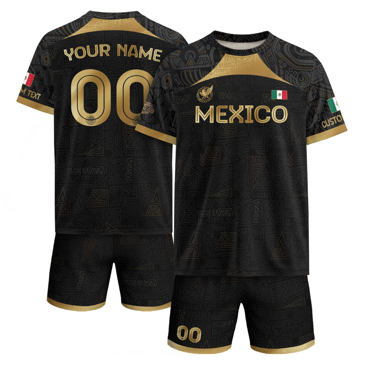 Custom Mexico Black Gold Soccer Jersey with Aztec Warrior Pattern