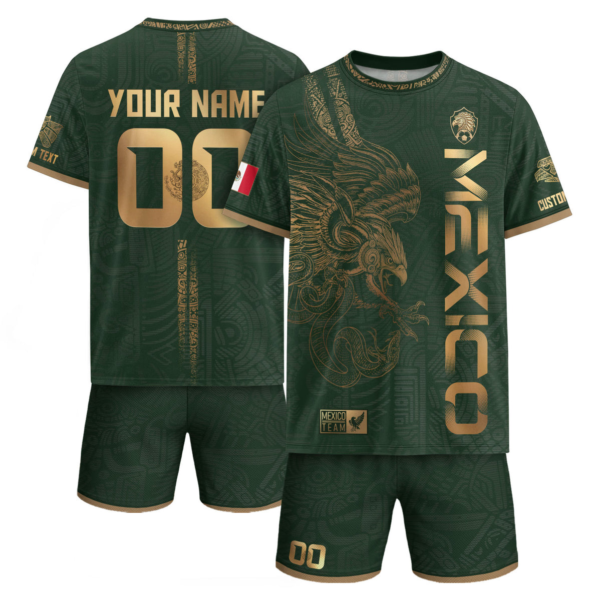 Custom Mexico Green Gold Soccer Jersey with Aztec Eagle Serpent Design