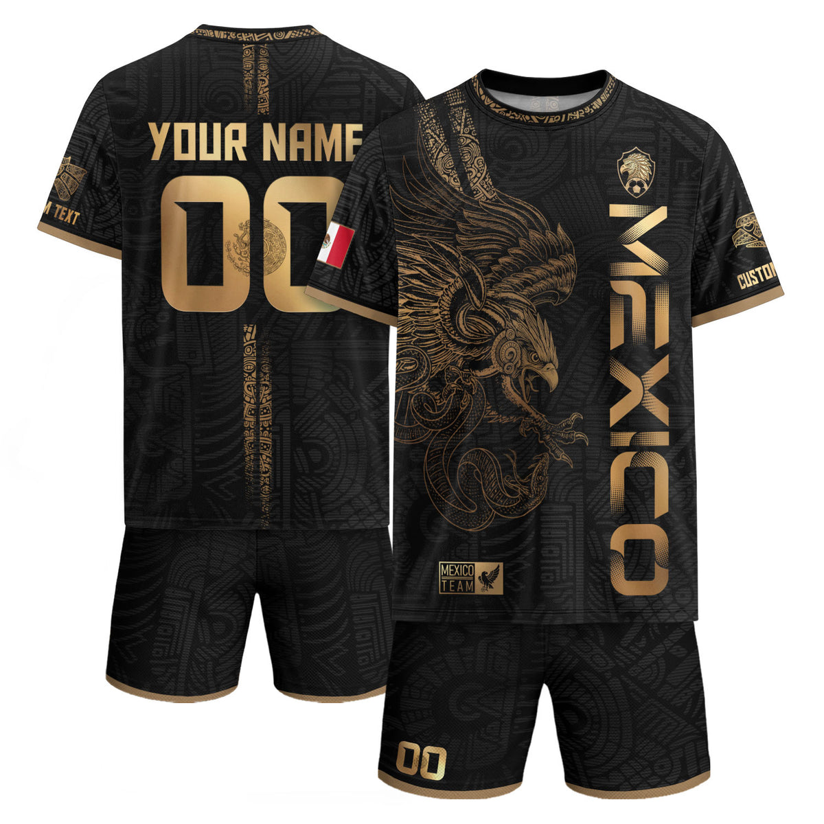 Custom Mexico Black Gold Soccer Jersey with Aztec Eagle Serpent Design