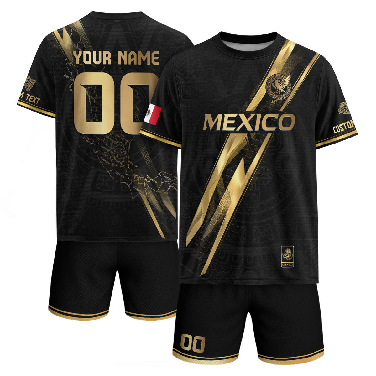 Custom Mexico Black Gold Soccer Jersey with Heritage Map Stripe Design