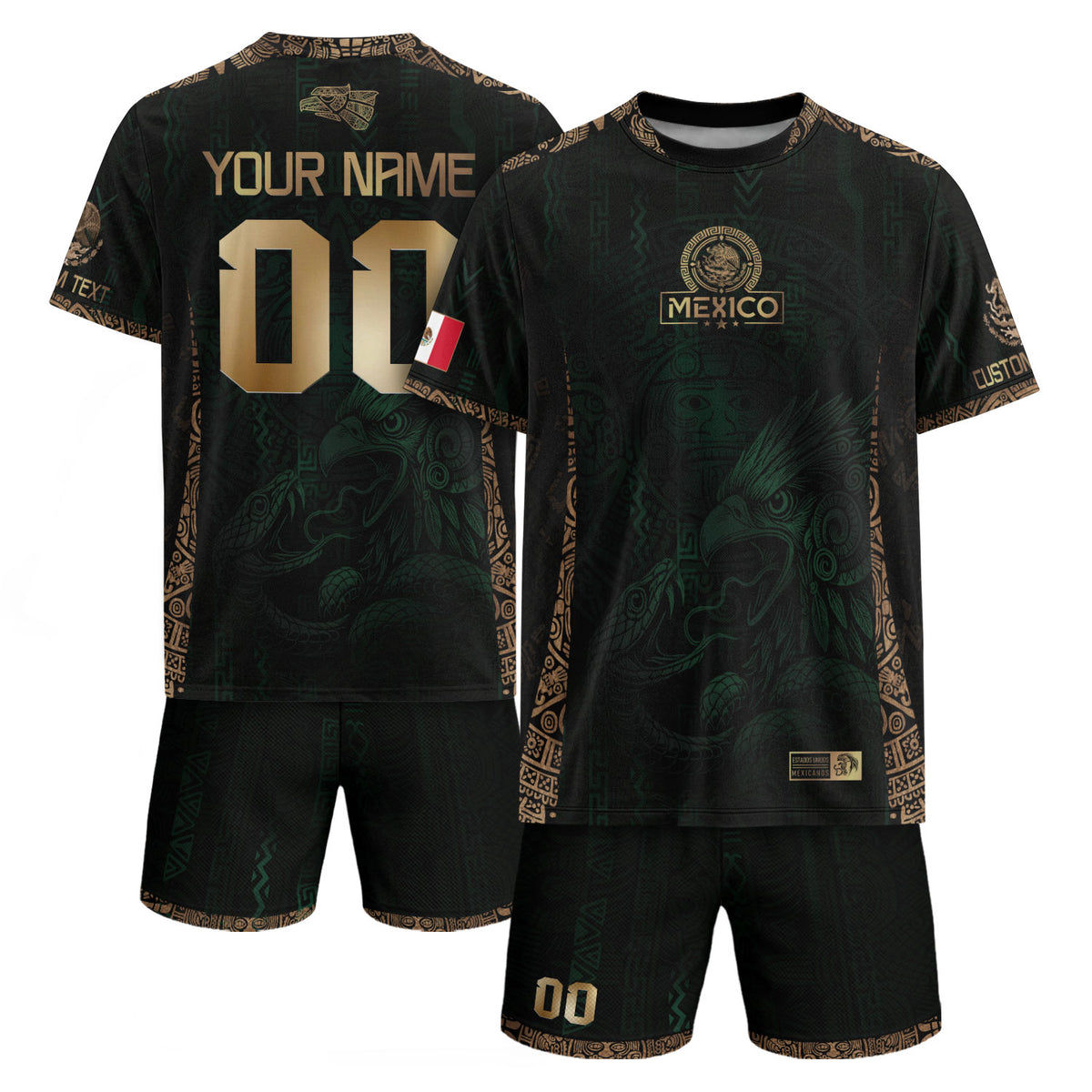 Custom Mexico Green Gold Soccer Jersey with Aztec Eagle Warrior Design