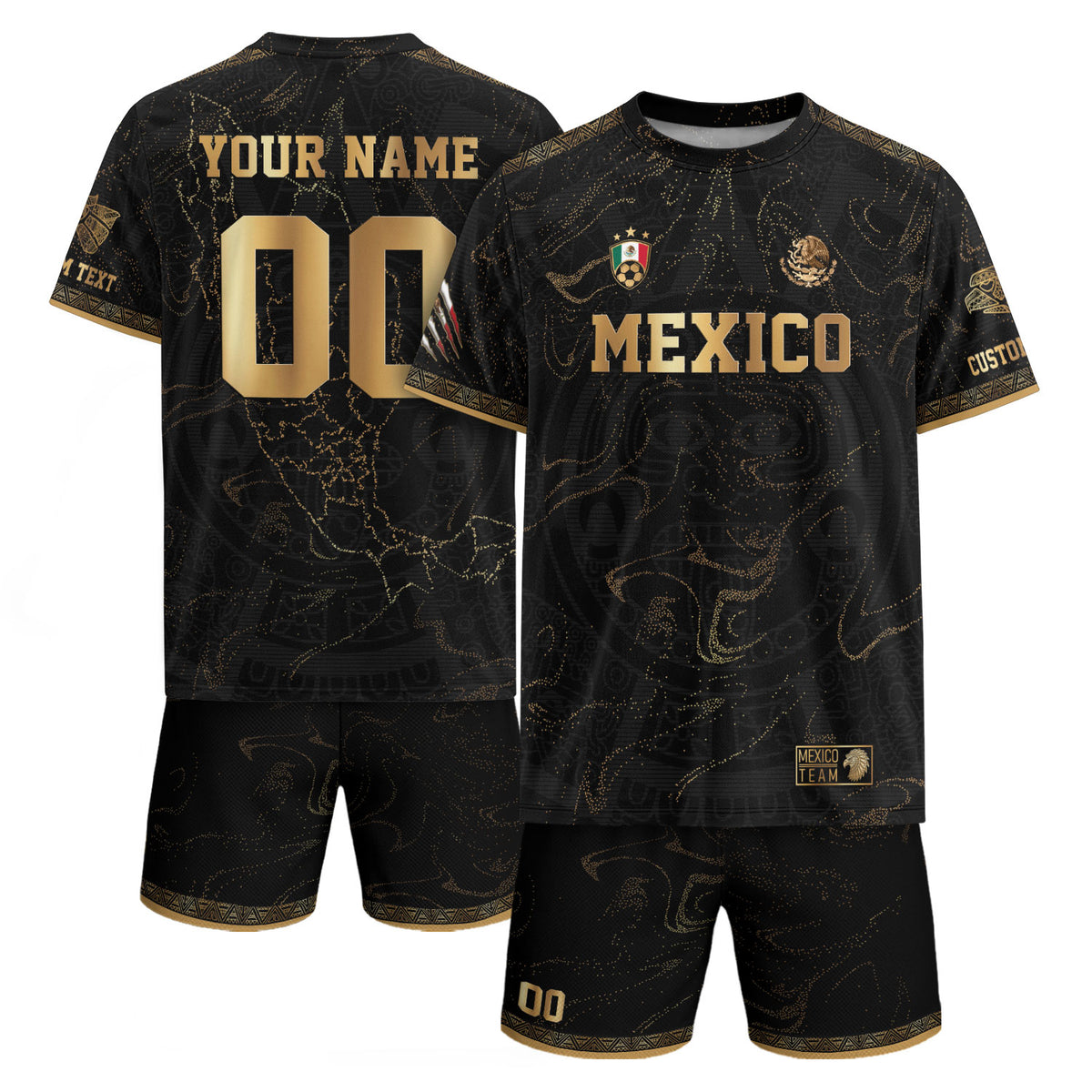 Custom Mexico Black Gold Soccer Jersey with Heritage Map and Aztec Pattern