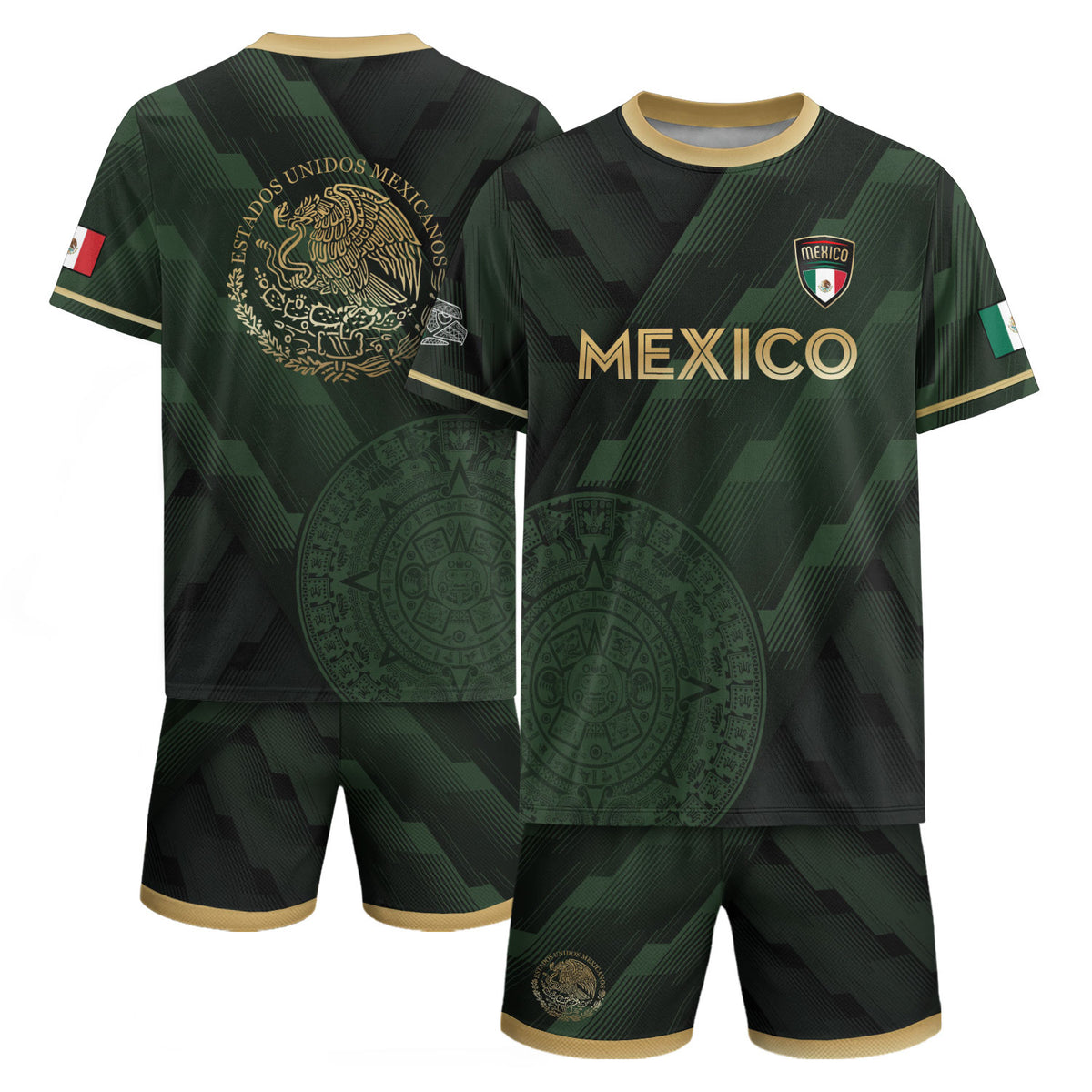 Camiseta de fútbol verde de México con diseño de piedra solar azteca dorada