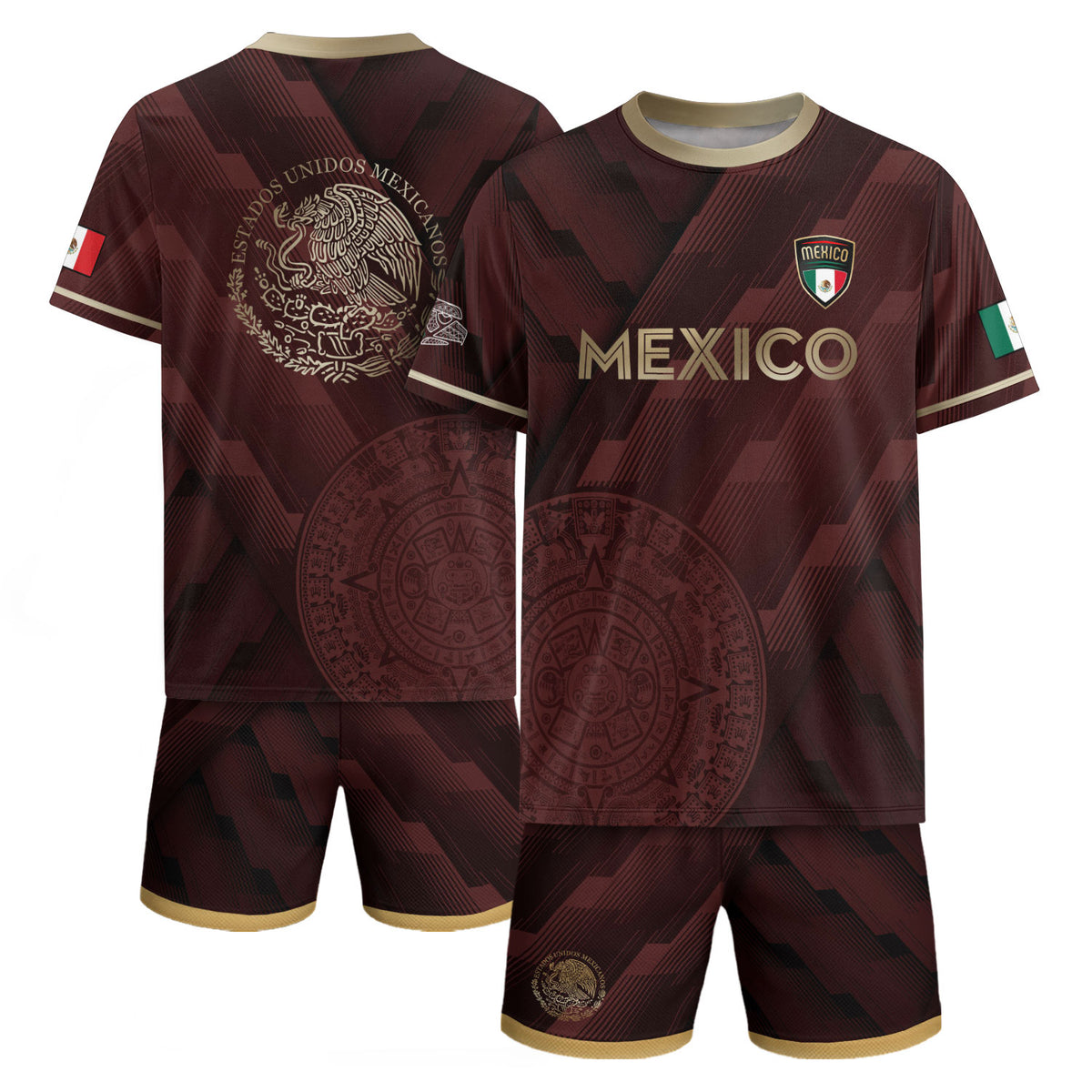 Camiseta de fútbol de México color burdeos con piedra solar azteca dorada y escudo del águila