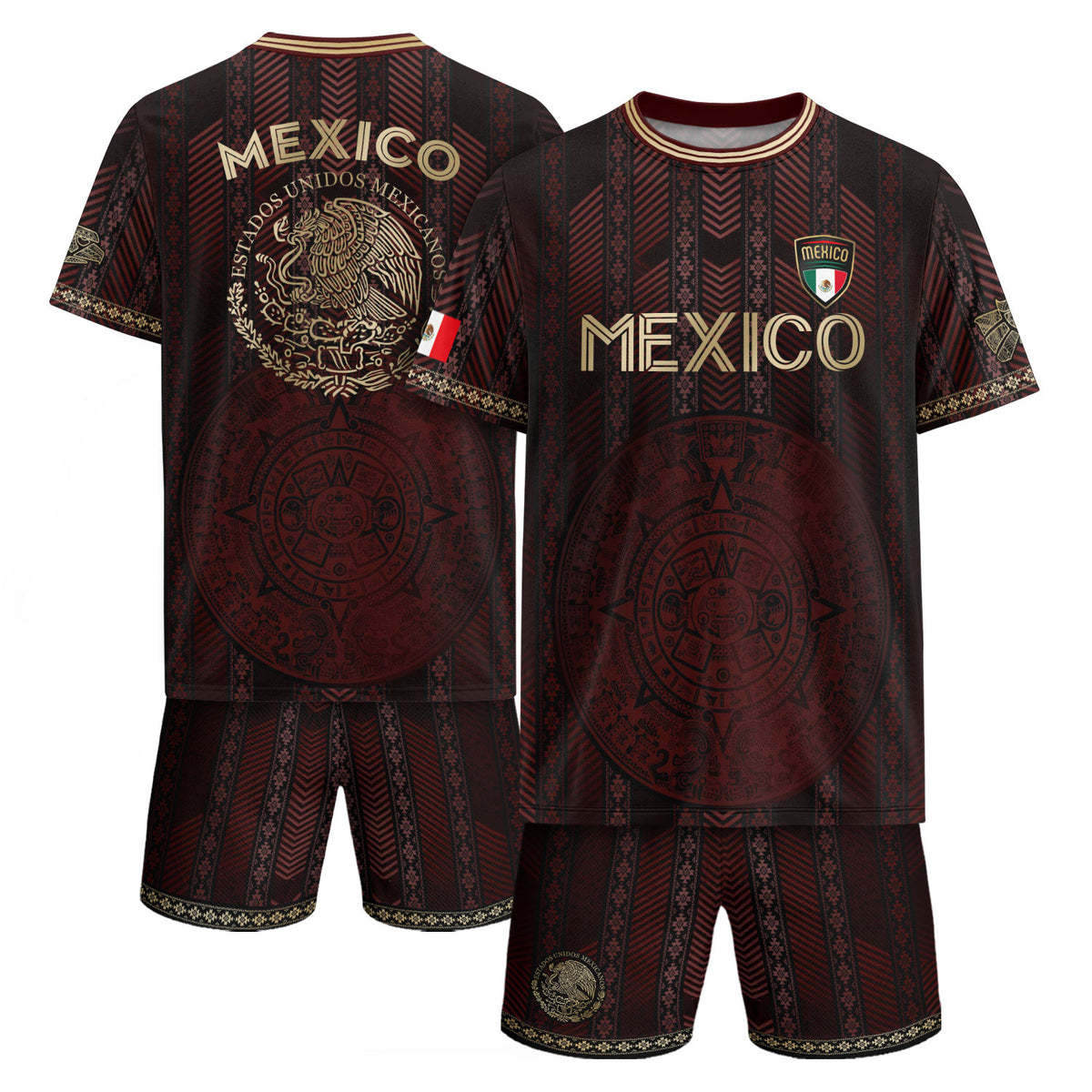 Camiseta de fútbol de México color burdeos con calendario azteca dorado y escudo del águila
