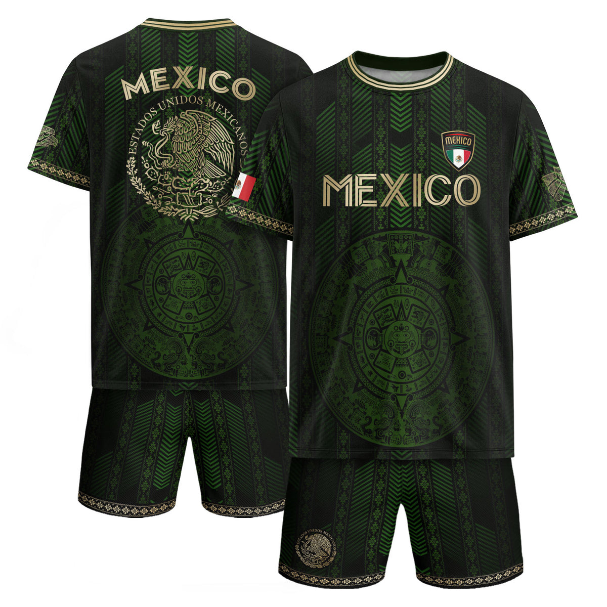 Camiseta de fútbol verde de México con calendario azteca dorado y escudo del águila