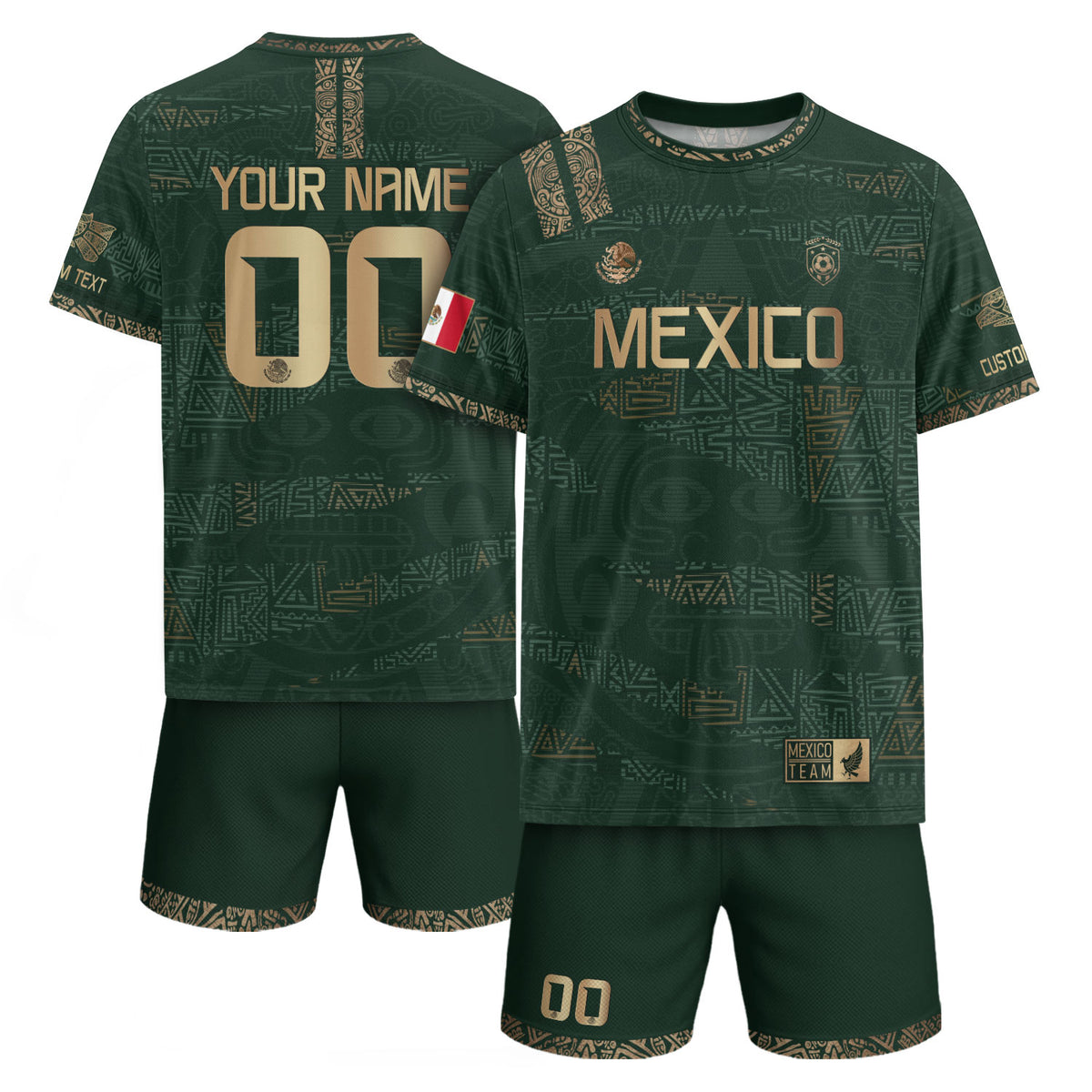 Custom Mexico Green Gold Aztec Pattern Soccer Jersey