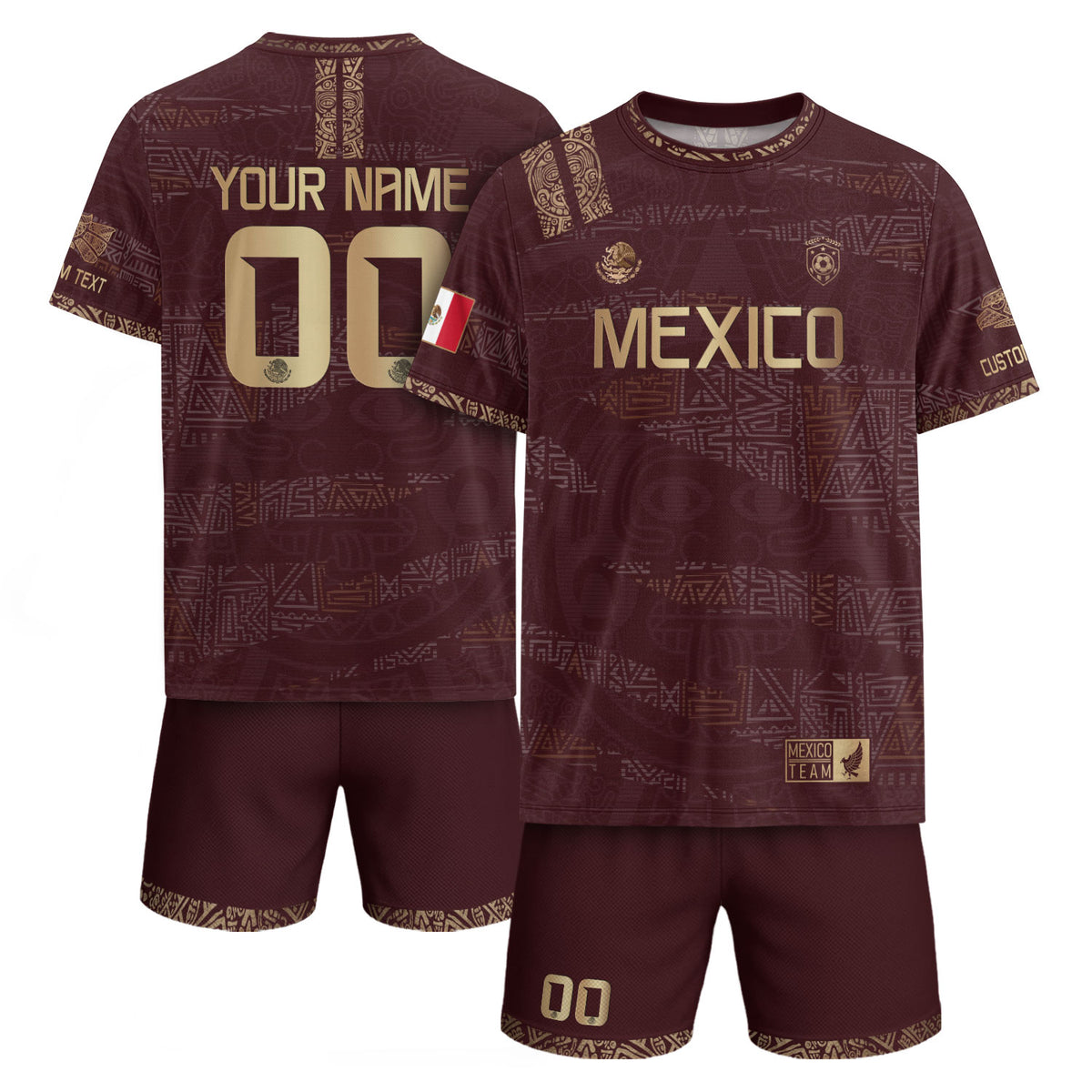 Custom Mexico Maroon Gold Aztec Heritage Soccer Jersey