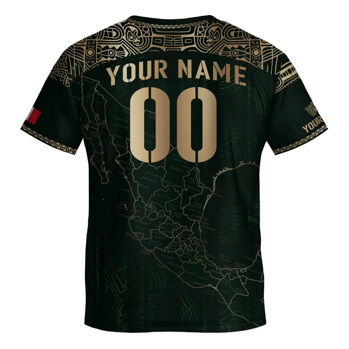 Camiseta de fútbol personalizada de México para niños, diseño de mapa patrimonial verde y dorado
