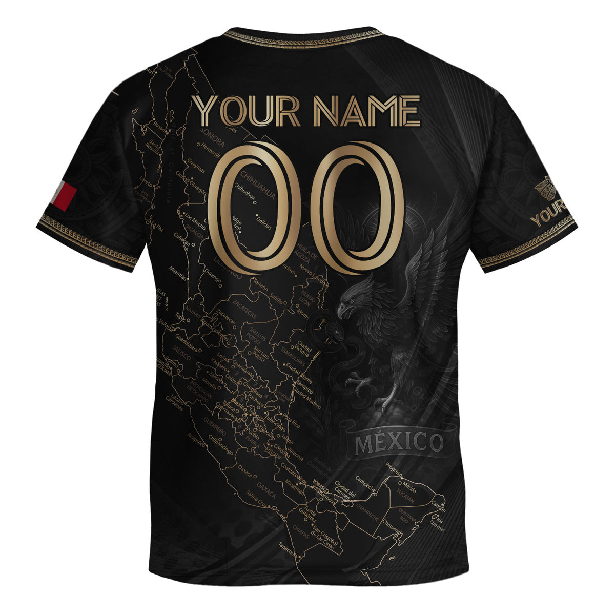 Camiseta de fútbol personalizada de México para niños, diseño de mapa patrimonial en negro y dorado