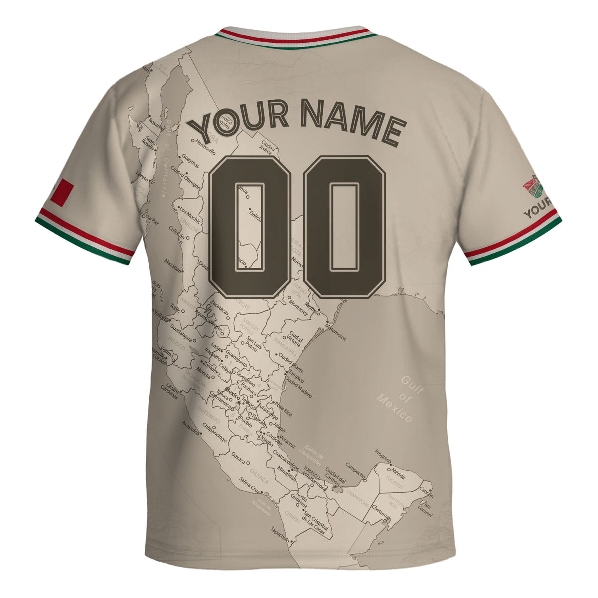 Camiseta de fútbol infantil de México personalizada con diseño de mapa patrimonial beige